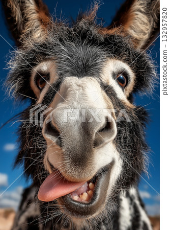Donkey close up with tongue out at the farm. Bright blue sky highlights the playful moment. Donkey close up with tongue out at the farm. Bright blue sky highlights the playful moment. 132957820