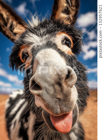 Donkey close-up sticks out tongue in a desert landscape. Sunlight highlights its goofy expression. Donkey close-up sticks out tongue in a desert landscape. Sunlight highlights its goofy expression. 132957821