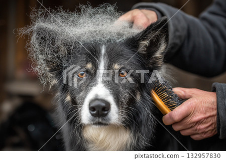 Border Collie being brushed on a grooming table. A hand uses an orange brush to comb the dog's fur. Border Collie being brushed on a grooming table. A hand uses an orange brush to comb the dog's fur. 132957830
