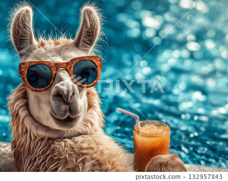 Llama wearing sunglasses relaxes by the poolside. A glass of orange juice sits nearby. 132957843