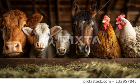 Cows, sheep and a horse and chickens lean over a barn stall. They gaze toward the viewer with calm curiosity. Cows, sheep and a horse and chickens lean over a barn stall. They gaze toward the viewer with calm curiosity. 132957845