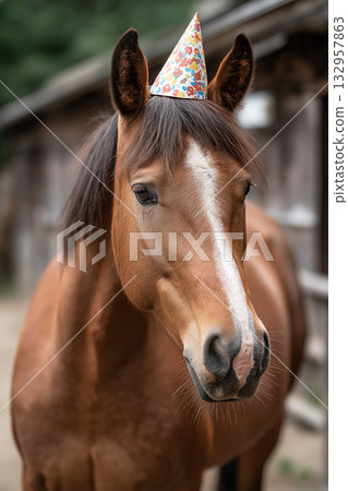 Horse wearing a colorful party hat at a barn. Bright party hat signals celebration. Horse wearing a colorful party hat at a barn. Bright party hat signals celebration. 132957863
