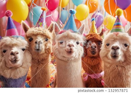 Alpacas wearing party hats pose at a birthday party. Balloons rise behind them creating a festive color backdrop. 132957871