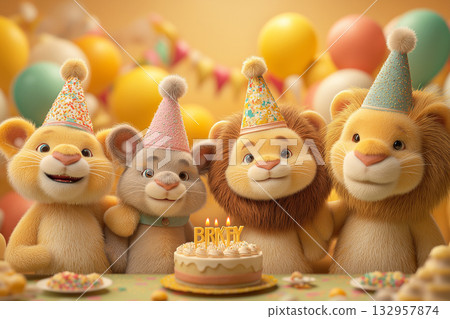 Four cheerful animals celebrate a birthday in a living room. Party hats plus balloons and a cake with candles create a joyful party scene. Four cheerful animals celebrate a birthday in a living room. Party hats plus balloons and a cake with candles create a joyful party scene. 132957874
