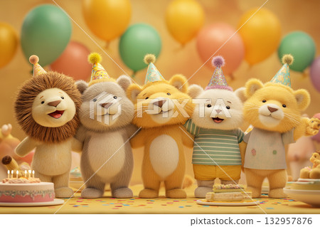 Five plush animals celebrate at a birthday party. Colorful party hats and balloons frame a festive moment. 132957876