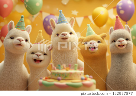 Alpacas wearing party hats pose in a party room. Colorful balloons and a birthday cake set a festive mood. 132957877