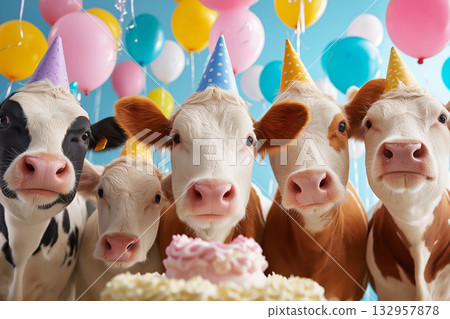 Cows wearing party hats celebrate a birthday in a studio with balloons and cake. Balloons and party hats create a festive mood. Cows wearing party hats celebrate a birthday in a studio with balloons and cake. Balloons and party hats create a festive mood. 132957878