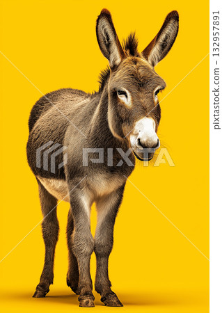 Donkey stands in a studio against a yellow background. Bold portrait framing highlights the animal. Donkey stands in a studio against a yellow background. Bold portrait framing highlights the animal. 132957891