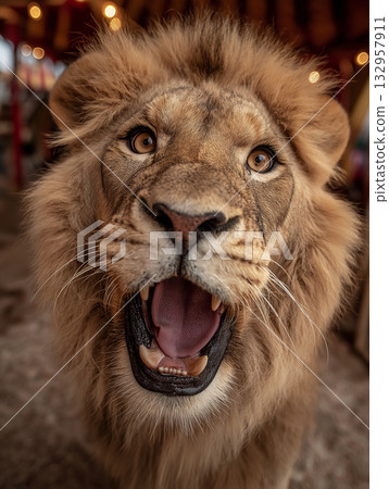 lion roars at the zoo. warm light highlights the mane and teeth. lion roars at the zoo. warm light highlights the mane and teeth. 132957911