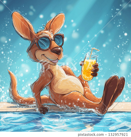 Kangaroo wearing sunglasses lounges by the poolside drinking orange juice. Sunny poolside scene with splashes and a cheerful mood. Kangaroo wearing sunglasses lounges by the poolside drinking orange juice. Sunny poolside scene with splashes and a cheerful mood. 132957921