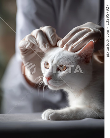 A white cat sits on a table in a veterinary clinic while a person wearing gloves pets its head. Gloved hands cradle the cat for a checkup. A white cat sits on a table in a veterinary clinic while a person wearing gloves pets its head. Gloved hands cradle the cat for a checkup. 132957927