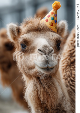 Camel wearing a party hat at a festival. Colorful hat with a pompom adds whimsy to the scene. 132957931