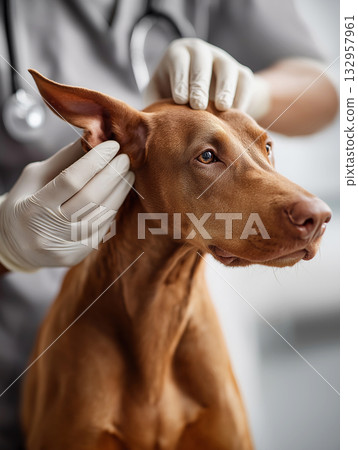 A brown dog is examined by a veterinarian at a clinic. The veterinarian uses gloved hands and a stethoscope. 132957961