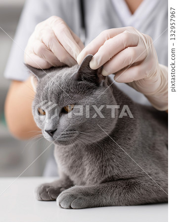 Cat and veterinarian examine the ear at clinic. Gloved hands perform a veterinary ear check. 132957967