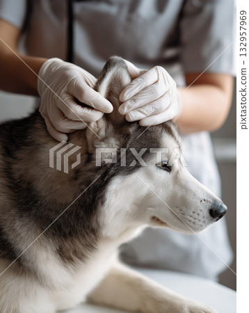 Husky dog and veterinarian examine ear in a veterinary clinic. Gloved hands hold the husky's ear for inspection. 132957969