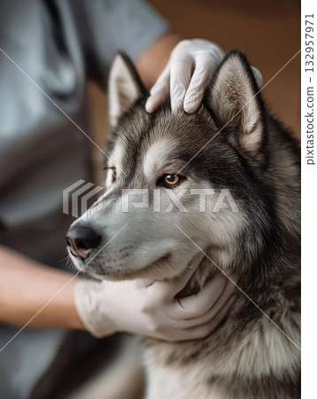 Siberian husky and veterinarian examine the dog in a veterinary clinic. Gloved hands steady the head during a routine checkup. 132957971