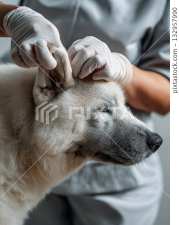 Veterinarian cleans dog's ear at a veterinary clinic. Calm dog remains still during ear care. 132957990