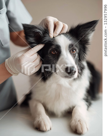 Border Collie being examined at a veterinary clinic. A veterinarian wearing gloves checks the dog's ear. Border Collie being examined at a veterinary clinic. A veterinarian wearing gloves checks the dog's ear. 132957996