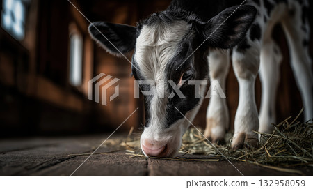 Holstein calf eats hay in a barn. Warm light highlights the calf's face among straw on a wooden floor. Holstein calf eats hay in a barn. Warm light highlights the calf's face among straw on a wooden floor. 132958059