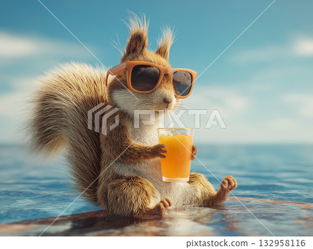 Squirrel wearing orange sunglasses drinks orange juice at the seaside. Sunlit scene with blue sky. Squirrel wearing orange sunglasses drinks orange juice at the seaside. Sunlit scene with blue sky. 132958116