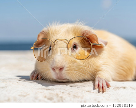 Guinea pig with glasses relaxing at the beach, cute and adorable animal portrait Guinea pig with glasses relaxing at the beach, cute and adorable animal portrait 132958119