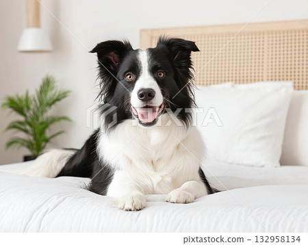 Border Collie dog as adorable pet animal, fluffy and cute, on bedroom bed 132958134