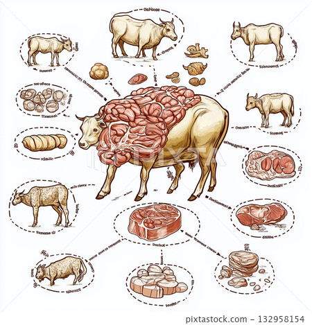 Cuts diagram of beef showcasing butcher animal meat anatomy illustration livestock infographic Cuts diagram of beef showcasing butcher animal meat anatomy illustration livestock infographic 132958154