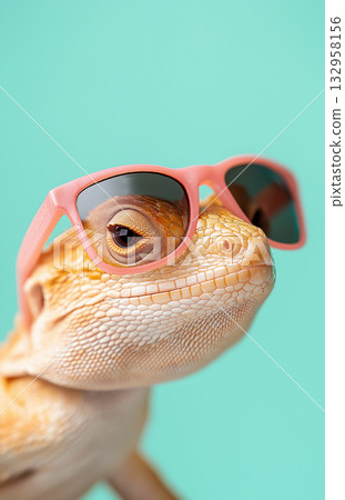 Cool reptile lizard wearing sunglasses as a fashion style accessory for animal pet fun 132958156