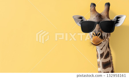 Sunglasses-wearing giraffe in a funny, cool animal photography style showcases wildlife and safari. Sunglasses-wearing giraffe in a funny, cool animal photography style showcases wildlife and safari. 132958161
