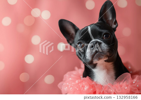 Boston Terrier dog portrait with bokeh pink background, featuring a cute and adorable pet animal 132958166