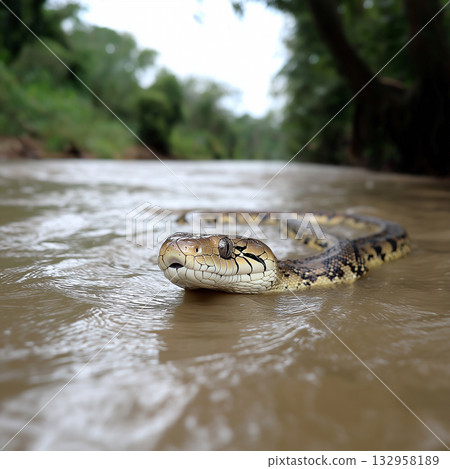 Snake and reptile in the python wildlife river nature forest habitat animal serpent camouflage 132958189