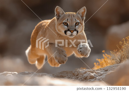 Puma wildlife photo of agile feline in nature, showcasing predator and animal jumping 132958190