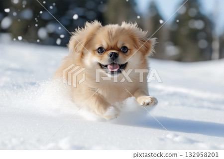 Cute Pekingese dog enjoying winter snow, running and playful outdoors Cute Pekingese dog enjoying winter snow, running and playful outdoors 132958201