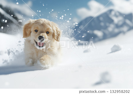 GoldenRetriever puppy playing in snow among mountains, fluffy and playful winter outdoor scene GoldenRetriever puppy playing in snow among mountains, fluffy and playful winter outdoor scene 132958202