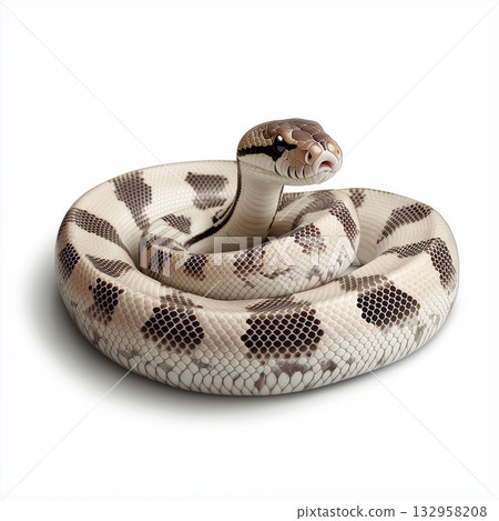 Coiled snake with intricate scale pattern, python reptile in wild nature, exotic serpent slithering 132958208