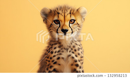 Cheetah cub in wildlife setting, a cute big cat in nature, predator with spotted fur 132958213