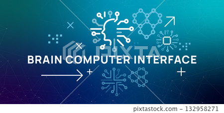 Brain Computer Interface BCI icons show a human head connected to chip molecular structure representing neuroscience technology and future of mind control and digital interaction 132958271