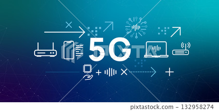 5G wireless network technology concept banner icons connected devices router smartphone laptop high speed data transmission future of global mobile communication 132958274