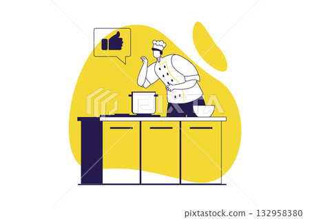 Cooking and restaurant web concept with flat people for website design. Professional chef in hat and uniform preparing dishes at kitchen, working at stove, staff making dinner. Vector illustration. 132958380