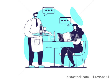 Cooking and restaurant web concept with flat people for website design. Waiter serving food to customers, holding wine bottle for visitor, woman sits table in cafe, making order. Vector illustration. 132958381