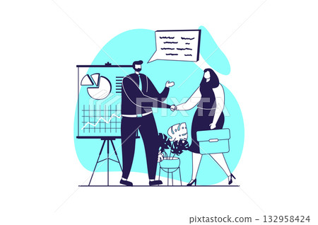 Business meeting web concept with flat people for website design. Businessman and businesswoman handshake, negotiation and contract discussion, investing in company development. Vector illustration. 132958424