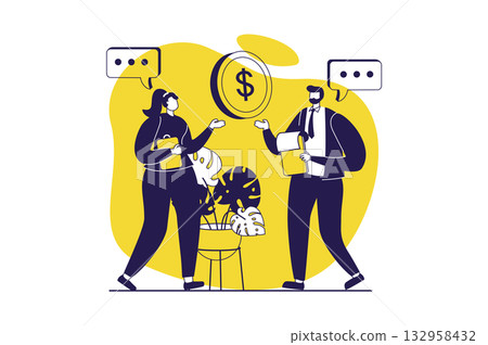 Business meeting web concept with flat people for website design. Businessman and businesswoman discussing investments, financial consulting, making partnership negotiation. Vector illustration. 132958432