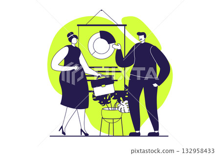 Business meeting web concept with flat people for website design. Businessman and businesswoman discussing report with diagram, making contracts and partnership negotiation. Vector illustration. 132958433