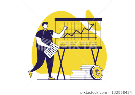 Business activities web concept with flat people for website design. Businessman analyzing financial chart with growth trend, making report and presentation, planning strategy. Vector illustration. 132958434