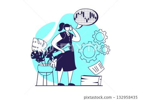 Business activities web concept with flat people for website design. Businesswoman researching stock market chart, analyzing financial strategy, investing and developing company. Vector illustration. Business activities web concept with flat people for website design. Businesswoman researching stock market chart, analyzing financial strategy, investing and developing company. Vector illustration. 132958435