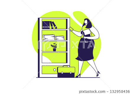 Business activities web concept with flat people for website design. Businesswoman with briefcase and documents works in office, does paperwork, investing and developing company. Vector illustration. 132958436