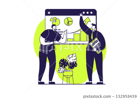 Business activities web concept with flat people for website design. Businessmen discussing presentation report with financial chart, planning investments, developing startup. Vector illustration. 132958439