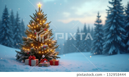 decorated Christmas tree, a centerpiece of winter wonderland 132958444