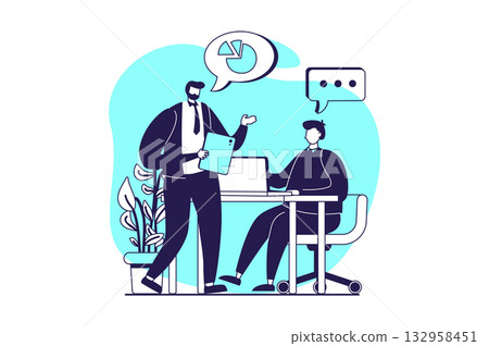 Business activities web concept with flat people for website design. Businessmen discussing and analyzing financial diagram, brainstorming and developing project, work in team. Vector illustration. 132958451