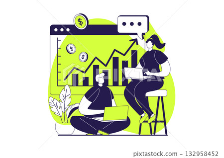 Business activities web concept with flat people for website design. Businessman and businesswoman analyzing graph with growth trend, developing project and creating strategy. Vector illustration. 132958452